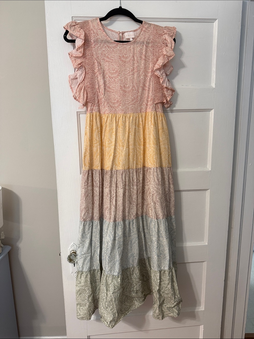 Entro Multi-Color Tiered Ruffle Sleeve Dress - Pink/Yellow/Neutral - Picture 1 of 1
